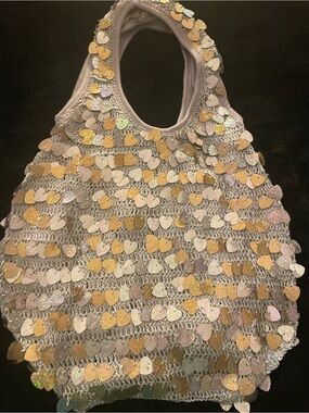 Sparkle Heart Sequin Crochet Tote in Gold & Silver